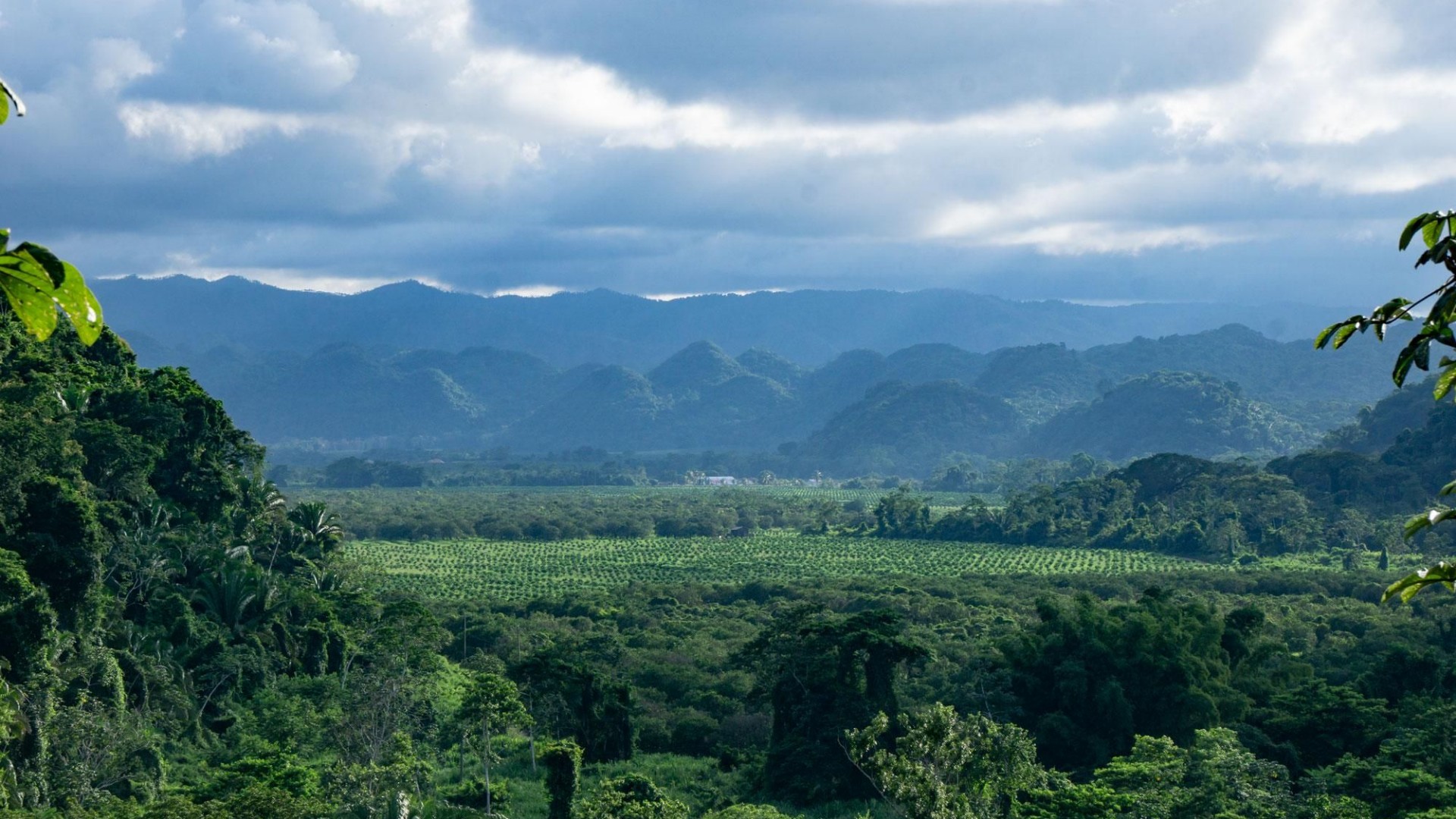 Lush Belize valley and layers of the Maya Mountains beneath an expansive sky